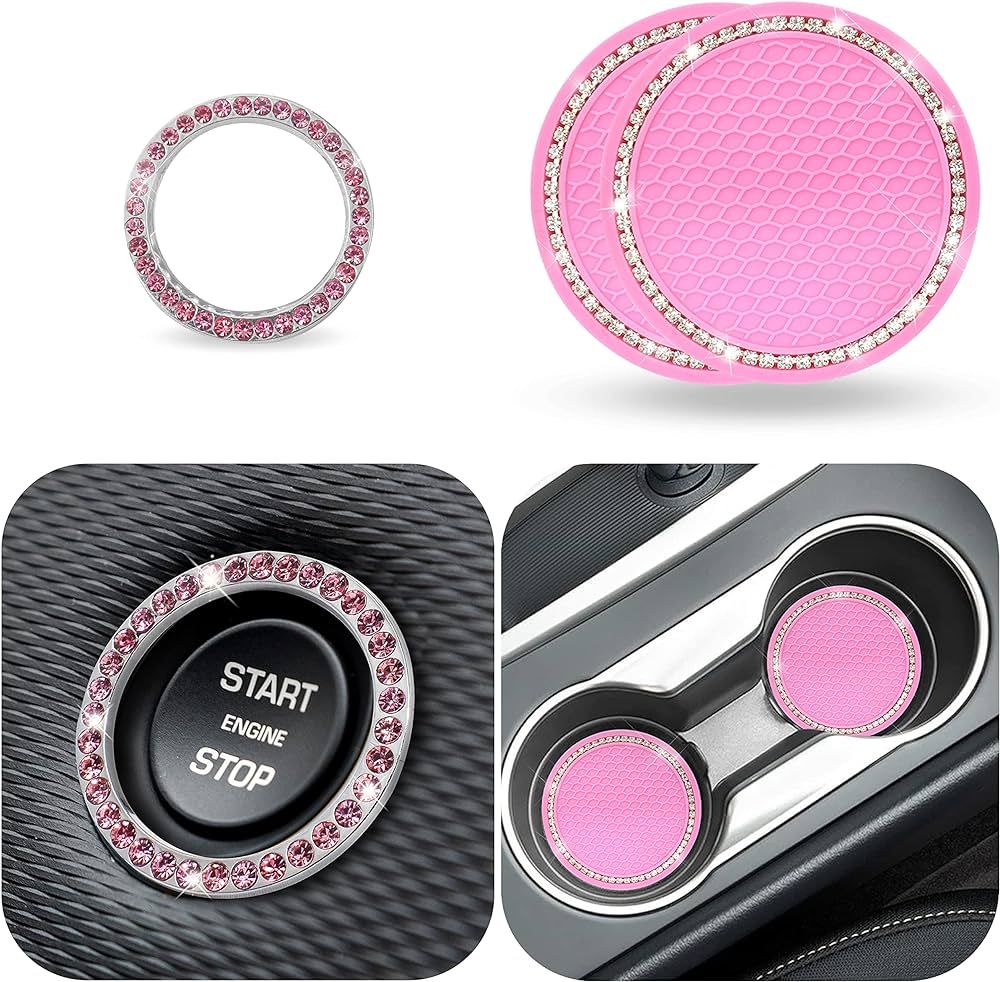 EcoNour Car Cup Coasters (2 Pack) with Pink Push Start Button Bling Ring (1 Pack) | Pink Car Inte... | Amazon (US)