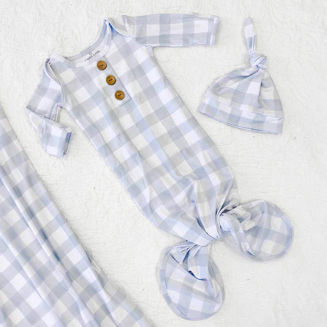 Dusty Blue Gingham Newborn Baby Knot Gown & Hat Set | Caden Lane