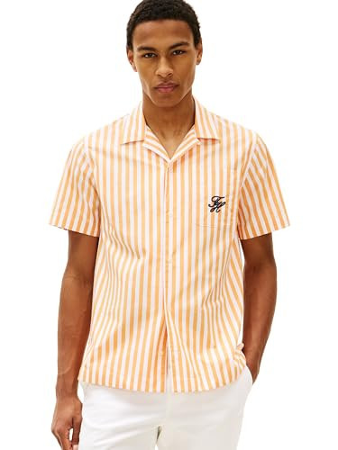 Tommy Hilfiger Men's Paper Touch Regular Fit Short Sleeve Shirts,Orange Hype/Stripe Small | Amazon (US)