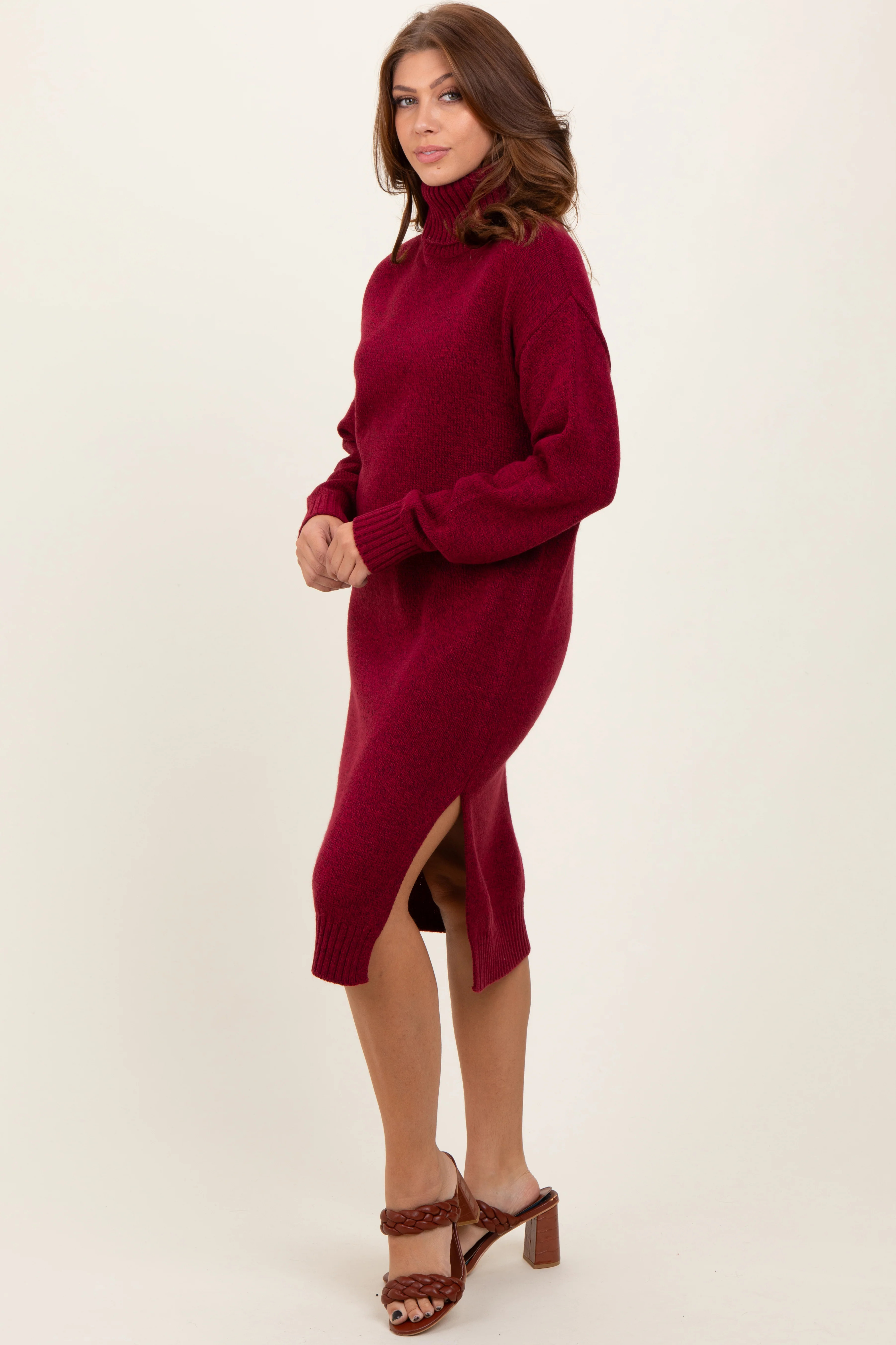 Burgundy Turtleneck Side Slit Midi Sweater Dress | PinkBlush Maternity