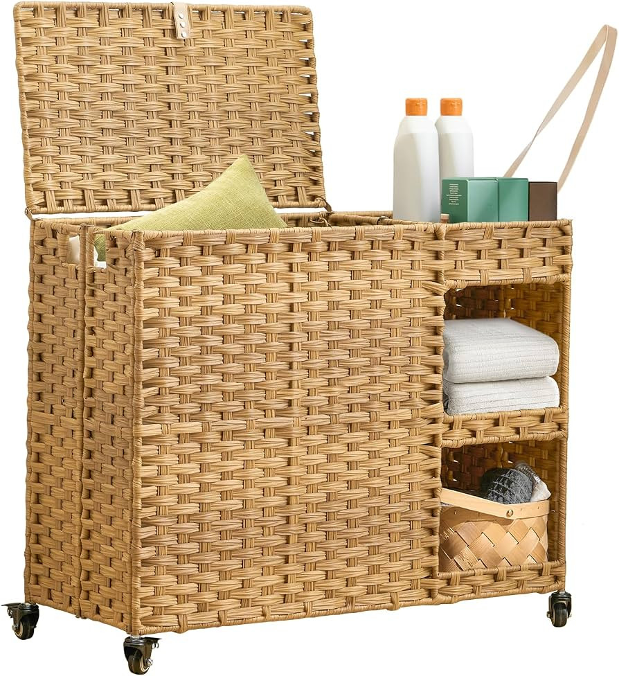 Laundry Hamper with Wheels, 42.3 Gal.(160 L) Laundry Sorter with Shelves, Rattan Clothes Hamper w... | Amazon (US)