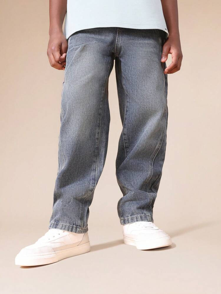 SUMWON Relaxed Straight Leg Barrel Jeans With Seam Detail And Medium Wash Finish For Boys Casual Daily Wear Vacation | SHEIN