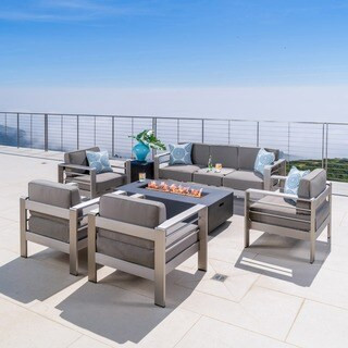 Cape Coral Outdoor 7-seater Chat Set by Christopher Knight Home - Set w/Dark Grey Fire Table | Bed Bath & Beyond