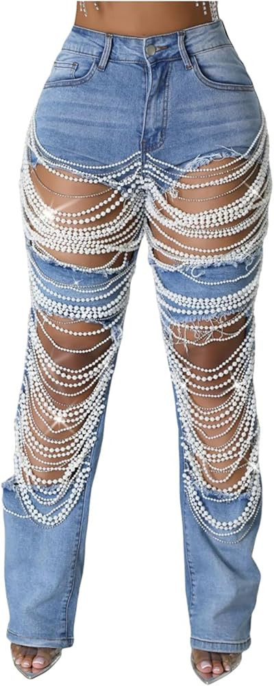 Womens Sexy Ripped Jeans High Waisted Rhinestones Pearl Chains Distressed Baggy Jeans Party Clubw... | Amazon (US)