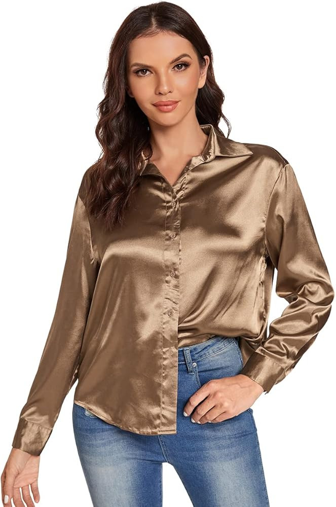 SOLY HUX Women's Satin Silk Long Sleeve Button Down Shirt Formal Work Blouse Top | Amazon (US)