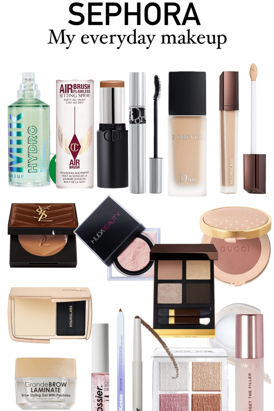 Milk primer 

Charlotte tilbury setting spray 

Door contour shade 2

Dior forever shade 2.5 

Hourglass shade Silk 

Ysl bronzer shade 3

Huda powder Shade cupcake 
Gucci blush Shade roses beige 
Hourglass powder Shade 1
Tom ford Shade Smokey Quartz 
Glossier Clear 
Kosas Shade Epic
Refy Shade Umber 
Lawless Shade Rosy Outlook 

#LTKGiftGuide #LTKBeauty #LTKStyleTip