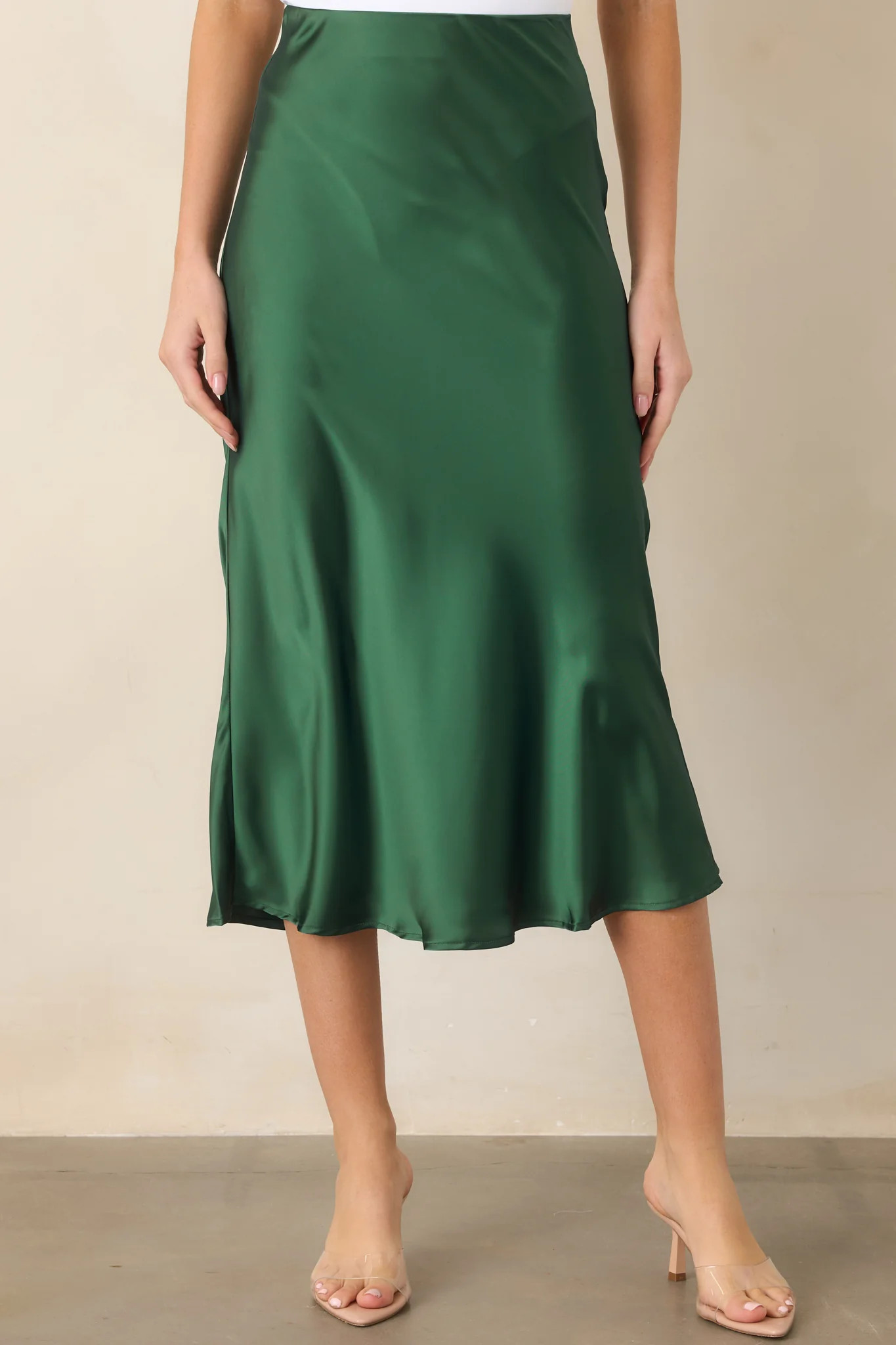 Vibe Check Emerald Green Satin Midi Skirt | Red Dress