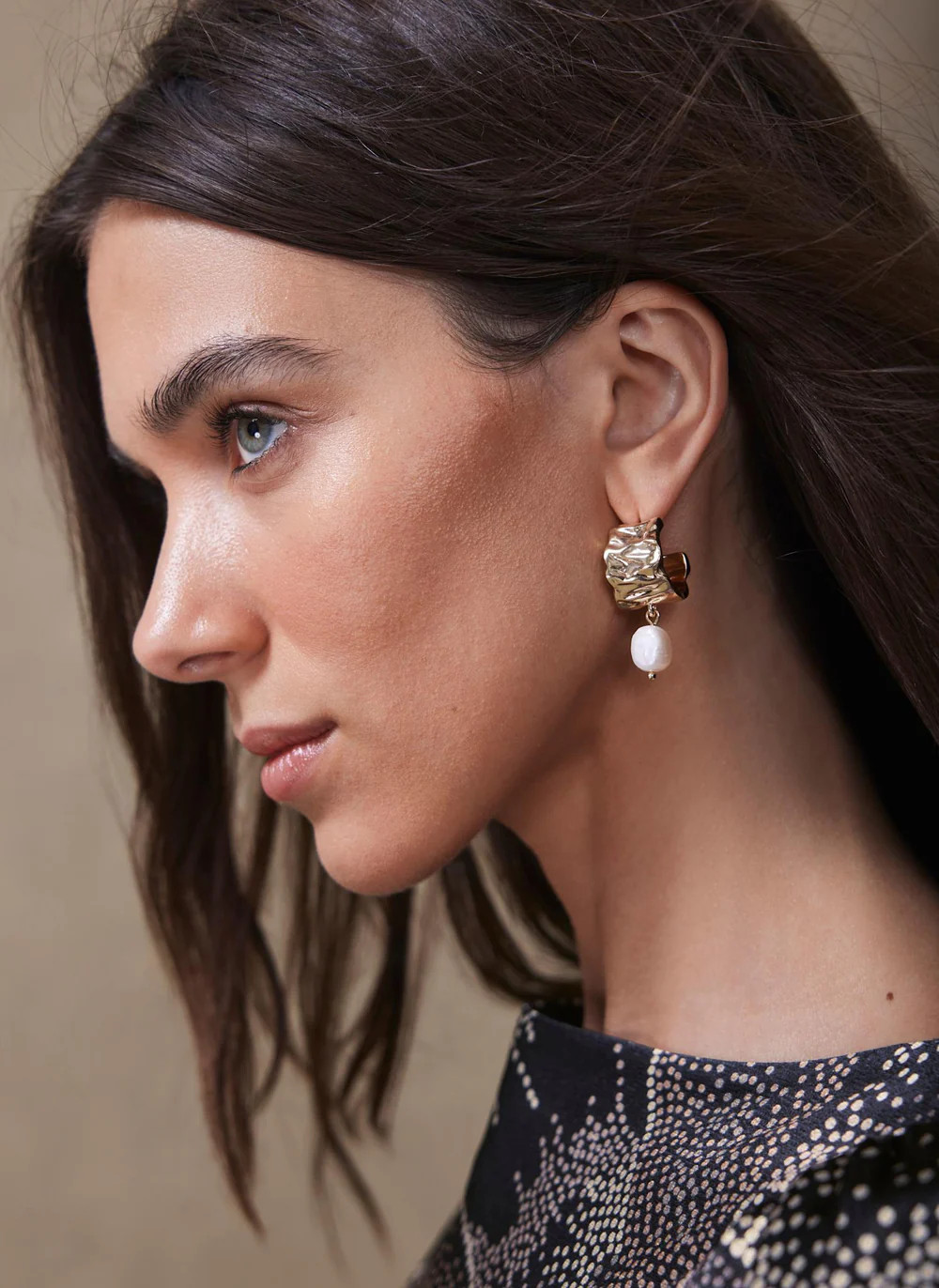 Gold Tone Textured Pearl Drop Earrings | Mint Velvet