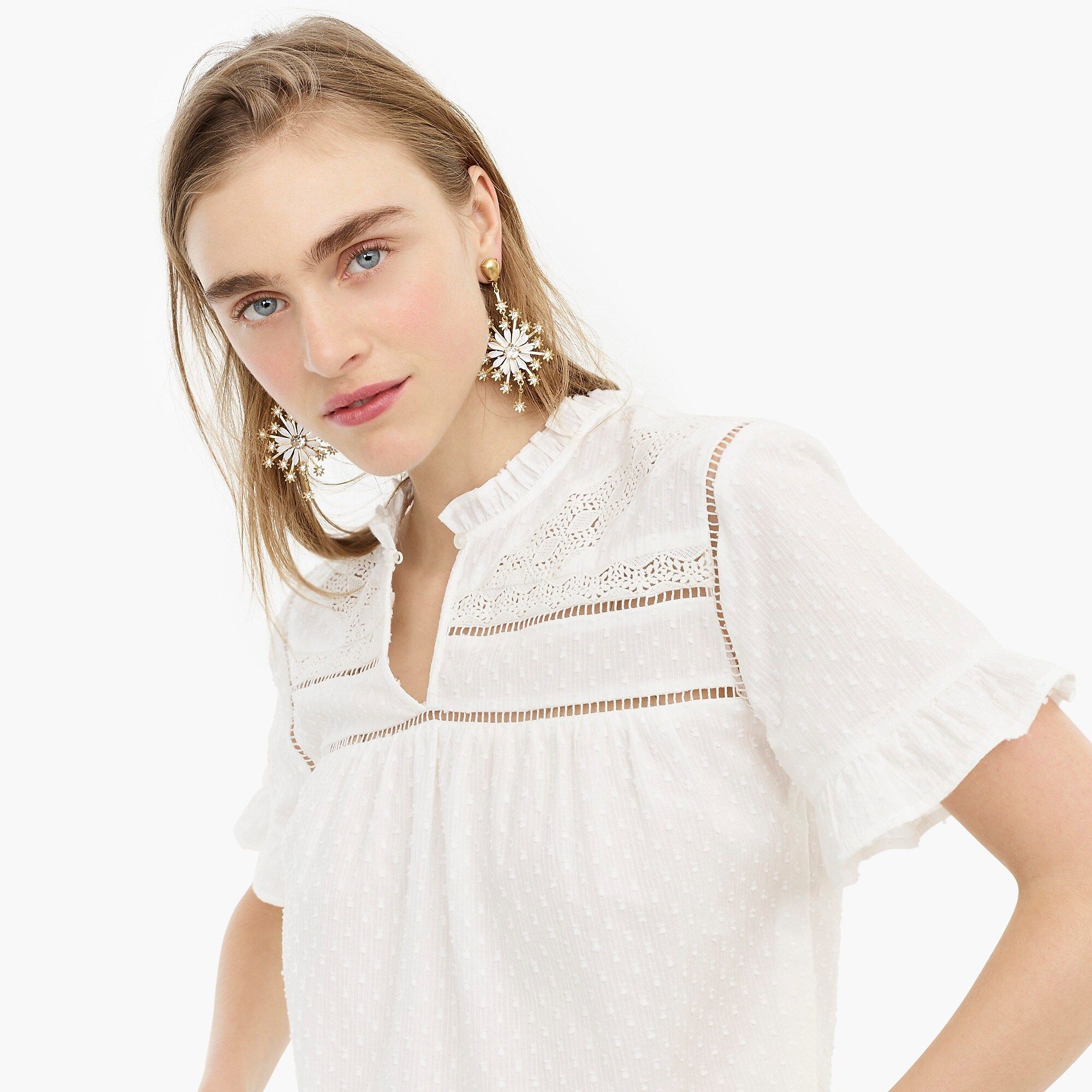 Point Sur ruffle-sleeve embroidered top in cotton dobby | J.Crew US