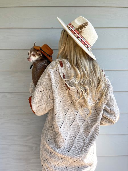 Love this feather band Panama hat!

Elbow patch cardigan, dog hat, Francesca’s, Shein 