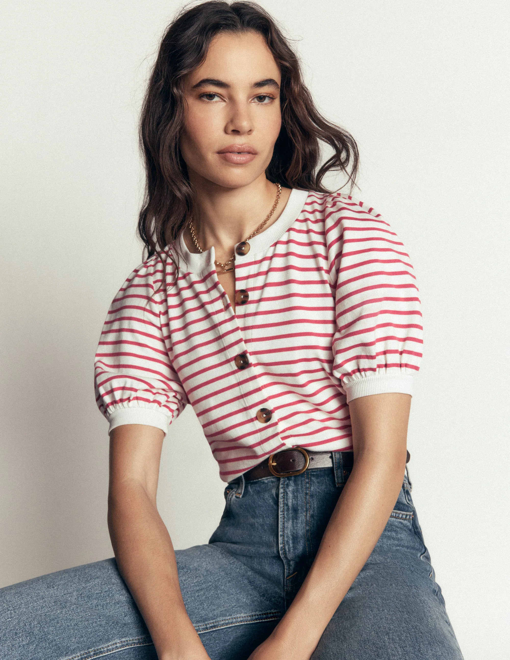 Button-through Puff Sleeve Top-Ivory and Hollyberry Stripe | Boden (US)