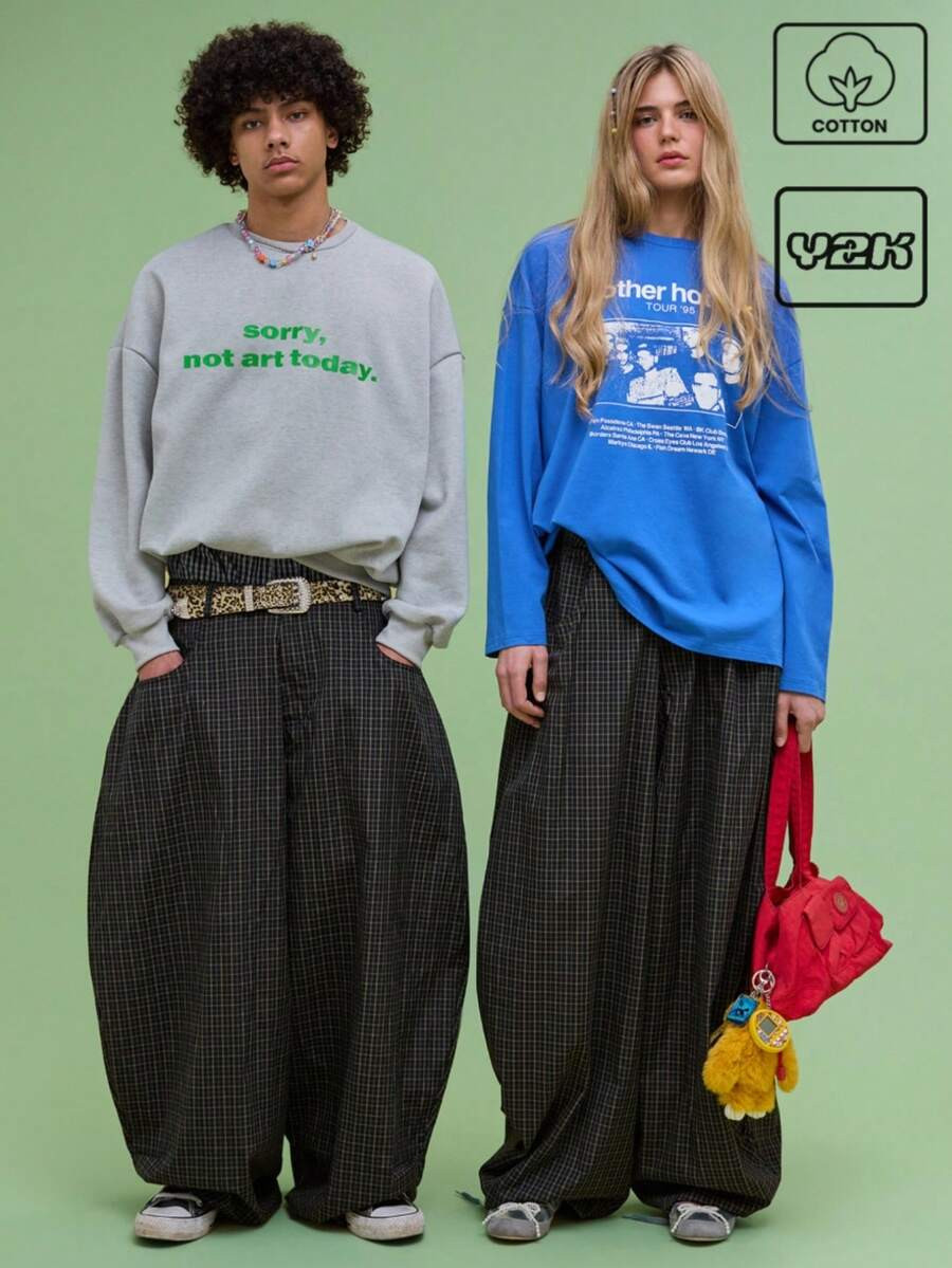 COUREZ Unisex Women Men Low Rise Baggy Barrell Fit Check Trousers Y2K Vintage | SHEIN