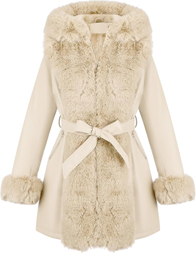 RISISSIDA Luxurious Women Winter Fur Lined Coat, Leather Jacket with Hooded Long Fur Collar, Thic... | Amazon (US)
