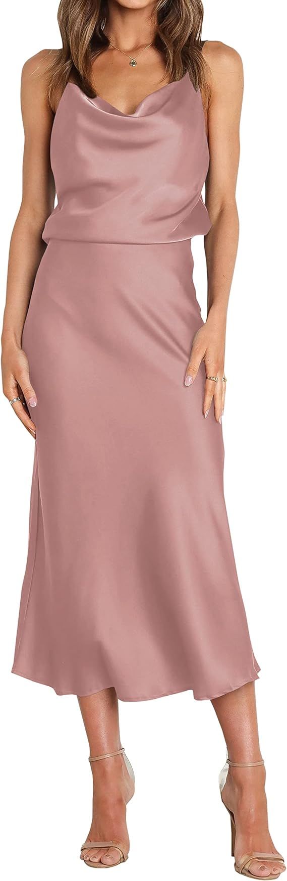 WICIWI Women's Satin Slip Dress 2023 Cowl Neck Spaghetti Straps Backless Sexy Wedding Club Cockta... | Amazon (US)