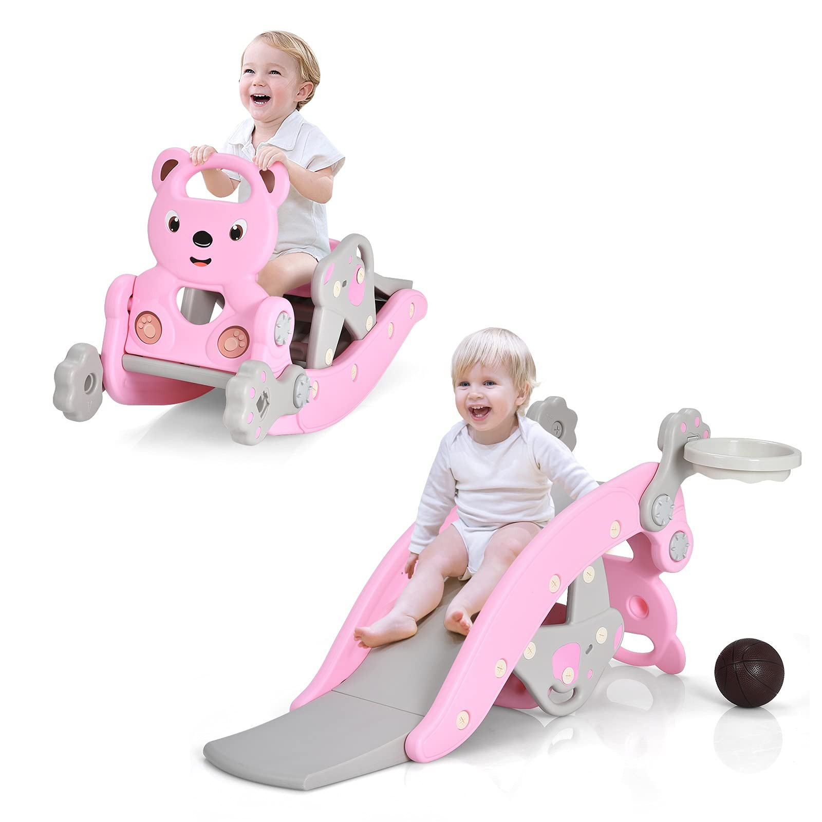 Costzon 5 in 1 Toddler Slide Rocking Toy, Slide for Kids with Detachable Stool, Basketball Hoop a... | Amazon (US)