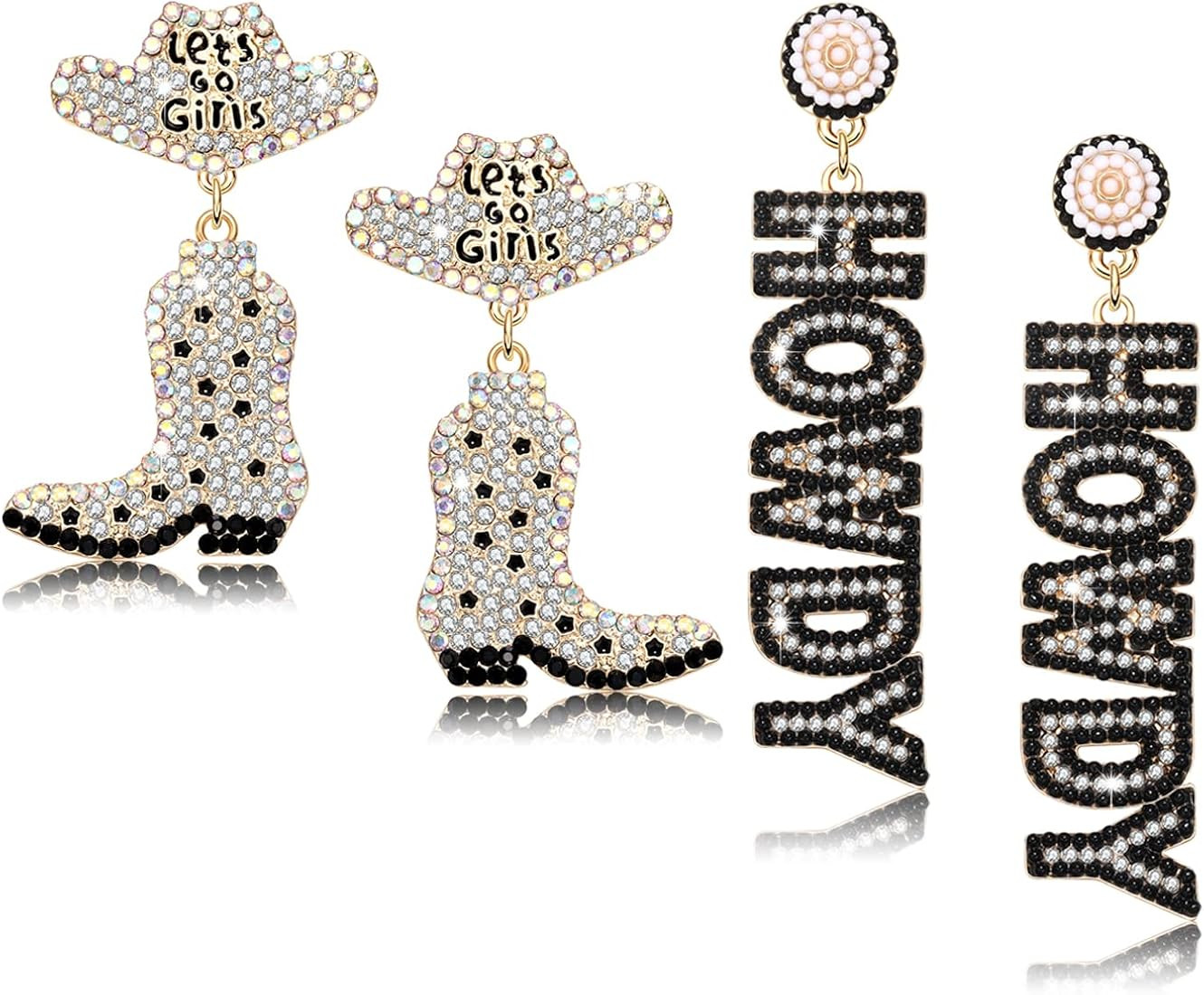 2 Pairs Western Cowgirl Earrings for Women Sparkly Rhinestone Cowboy Boot Hat Dangling Earrings F... | Amazon (US)