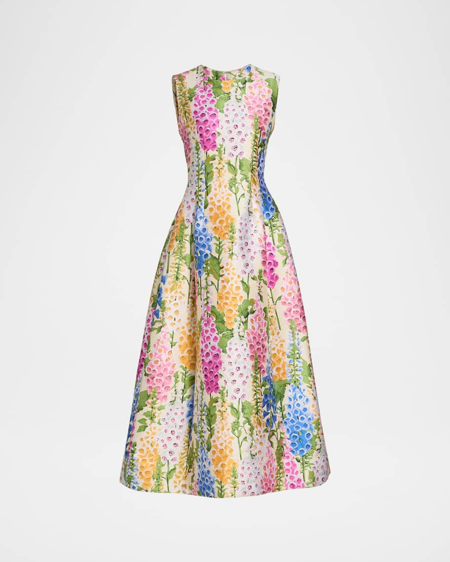 Sleeveless Multi Floral Jacquard Tea-Length Dress | Neiman Marcus