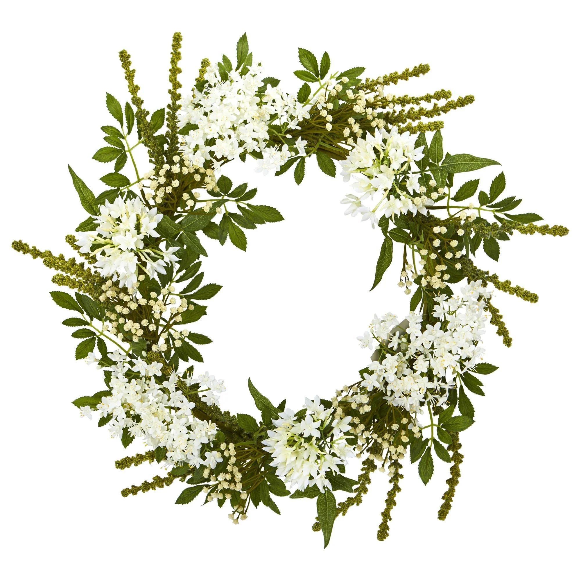 24” White Mixed Floral Artificial Wreath | Nearly Natural | Nearly Natural