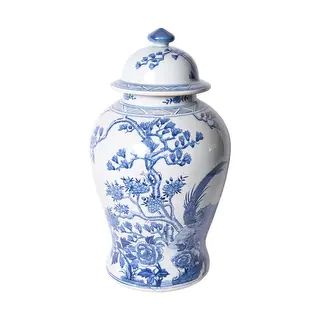 Blue & White Magnolia Pheasant Porcelain Temple Jar - 12x12x20 | Bed Bath & Beyond