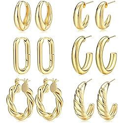 Gold Hoop Earrings Set for Women, 6 Pairs 14K Gold Plated Lightweight Hypoallergenic Chunky Open ... | Amazon (US)