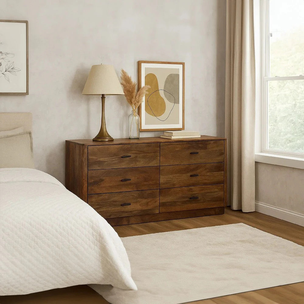 Tao 6 Drawers Dresser, Mango Wood, Walnut Finish, 60 | Shop Simon