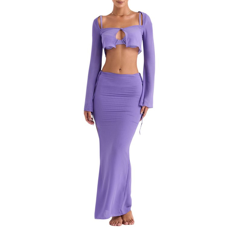 Women  Two Piece Maxi Skirt Outfit Long Sleeve Cardigan Crop Tops+Cutout Tie-Up Bodycon Long Skir... | Walmart (US)