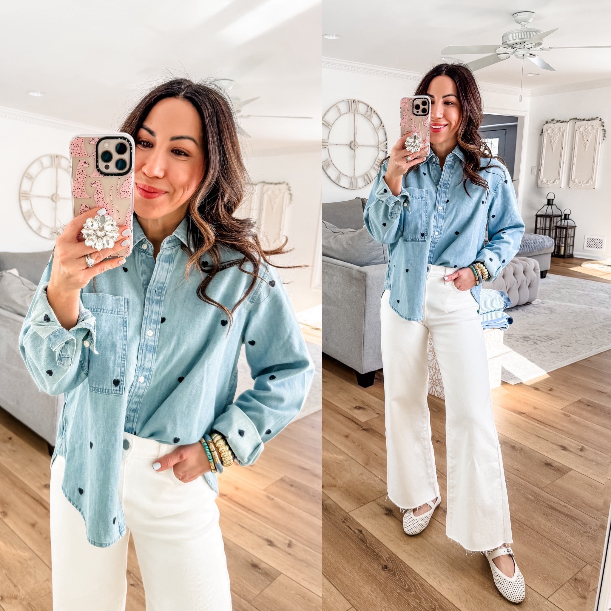 Heart denim shirt size up to a medium. 25 white jeans. Shoes TTS.

#LTKOver40 #LTKValentine