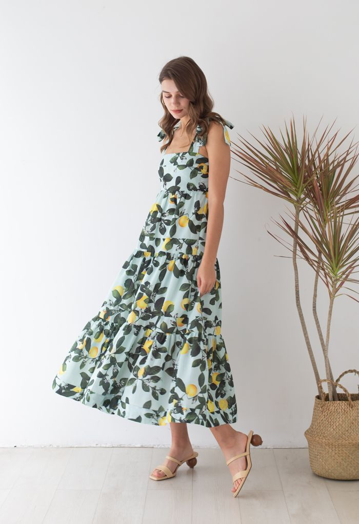 Minty Lemon Printed Tie-Strap Maxi Dress | Chicwish