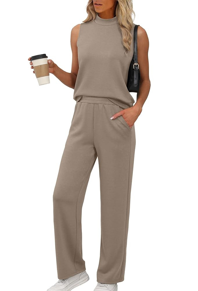 XIEERDUO Two Piece Sets for Women Summer Outfits Travel Mock Neck Lounge Sets Wide Leg Pants Beac... | Amazon (US)