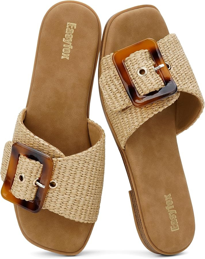 Easyfox Women's Raffia & Leather Slides Square Toe Buckle Flat Sandals | Amazon (US)