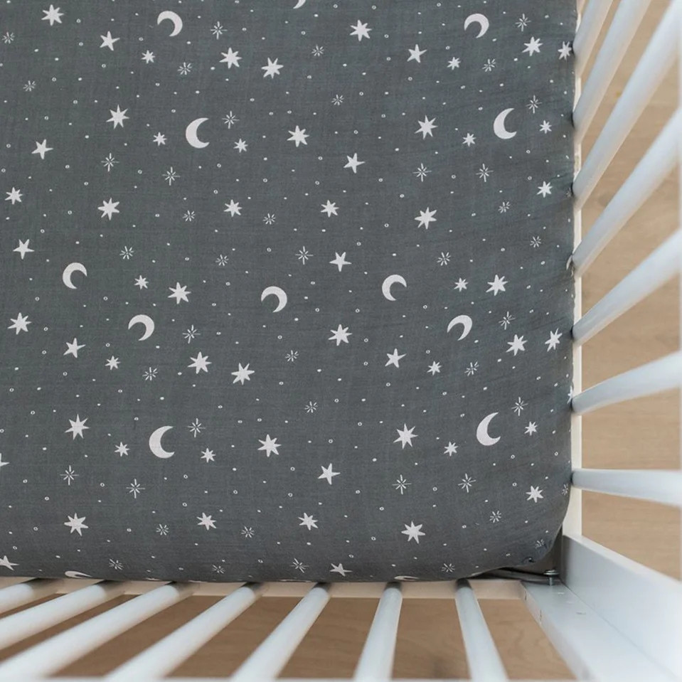 Night Sky Muslin Crib Sheet | Mebie Baby