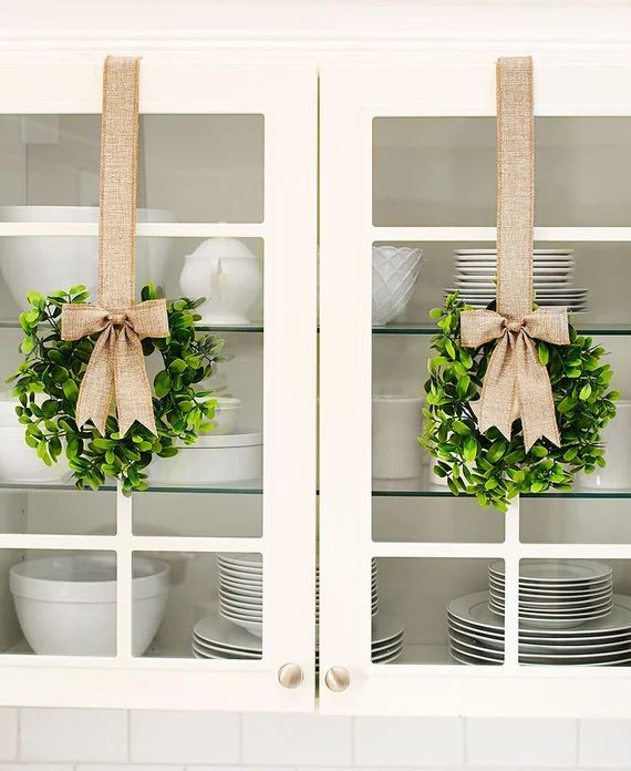 Set of 2 Cabinet Wreaths with Burlap Ribbon | Etsy (US)