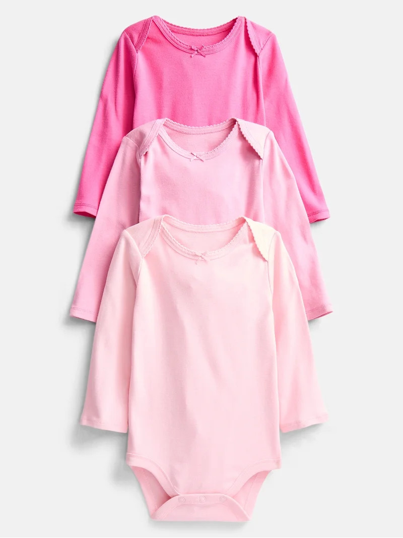 Wonder Nation Baby Girls Long Sleeve Bodysuits, 3-Pack, Sizes 0-24 Months | Walmart (US)