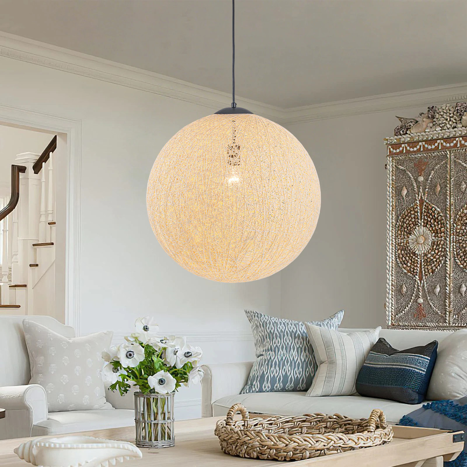 MENCOLULU 19.69 inch Beige Woven Globe Pendant Lighting 1 -Light Beige Modern/contemporary Linen Globe Medium Hanging Pendant Light | SKUA047408 | Lowe's