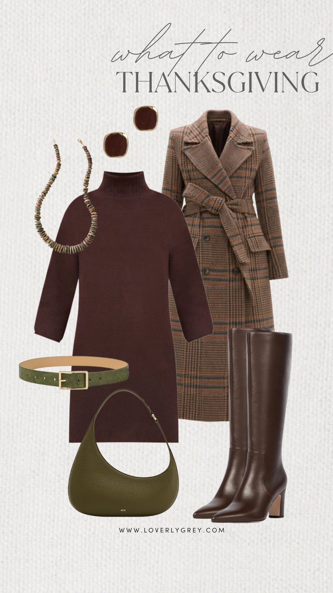 Loverly Grey, what to wear to Thanksgiving. I am loving this brown high neck dress from Tuckernuck. I paired the look with a statement necklace, belt to cinch the waist and tall boots. I also added a plaid long coat to layer over the top with an olive green purse to complete the look. Loverly Grey, what to wear, Thanksgiving 

#LTKootd #LTKHoliday #LTKFindsUnder100