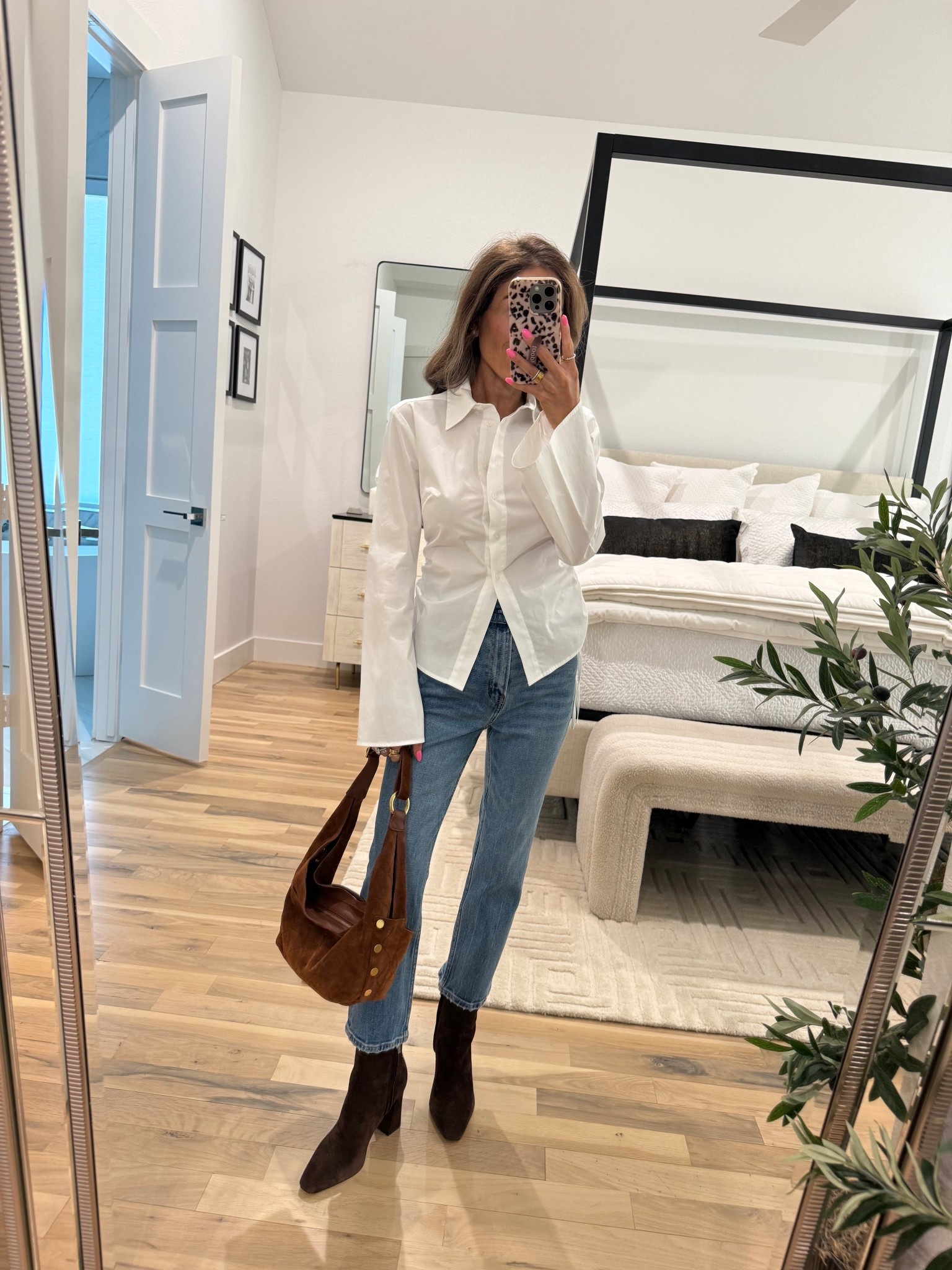 A crisp white button down with ruching on the side size xxs with brown suede booties size 7 
Spring outfit idea 

#LTKSeasonal #LTKPetite