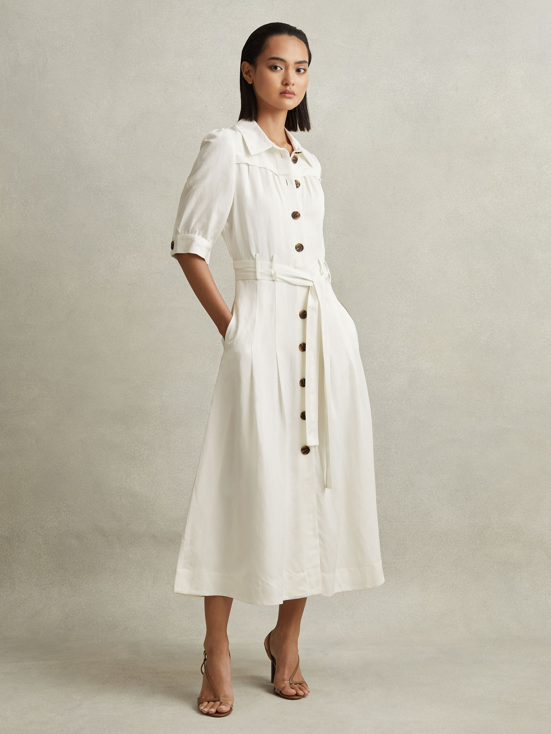 Belted Cap Sleeve Midi Dress in White | Reiss UK
