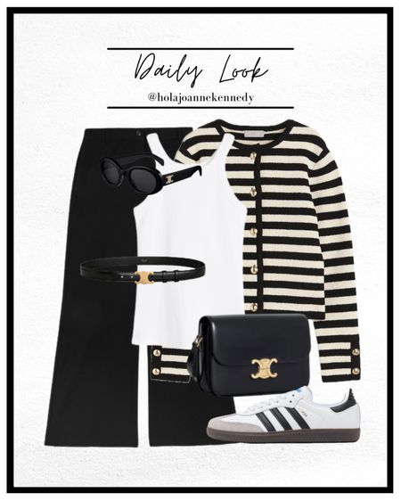 ways to wear a striped cardigan, hm cardigan, old money style, black and white striped, monochrome outfit, black and white outfits, cardigan gold buttons, classic style, simple styling, white ribbed vest top, white tank top, adidas samba, sambas outfit, celine sunglasses 

#LTKworkwear #LTKstyletip #LTKeurope