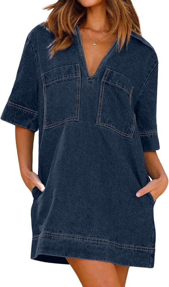 CHARTOU Women Loose Denim Dress Short Sleeve Casual Summer Dress Turn Down Pullover Vintage Tunic... | Amazon (US)