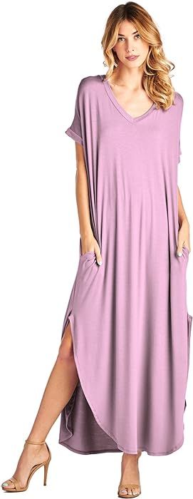 Solid V-Neck Pocket Short Sleeve Loose Maxi Dress (S-3X) - Made in USA | Amazon (US)