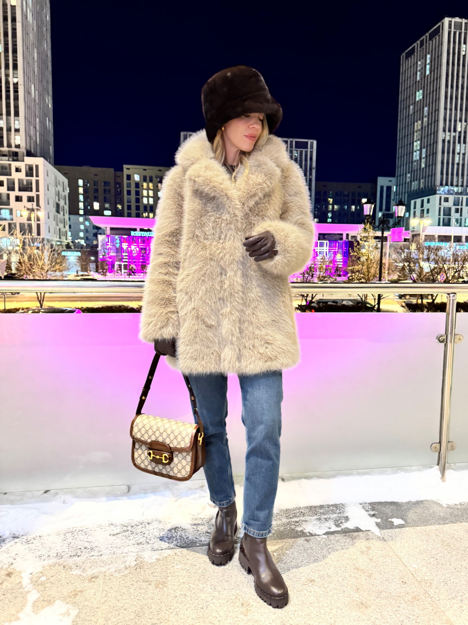 Beige faux fur coat, fur bucket hat, date night, @Zara slim leg mom jeans, chocolate brown lug sole boots, Gucci bag

#LTKSeasonal #LTKOver40 #LTKSaleAlert