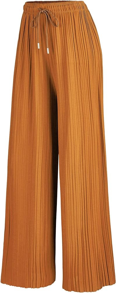 Womens Pleated Wide Leg Palazzo Maxi Pants with Drawstring or Elastic Band | Amazon (US)