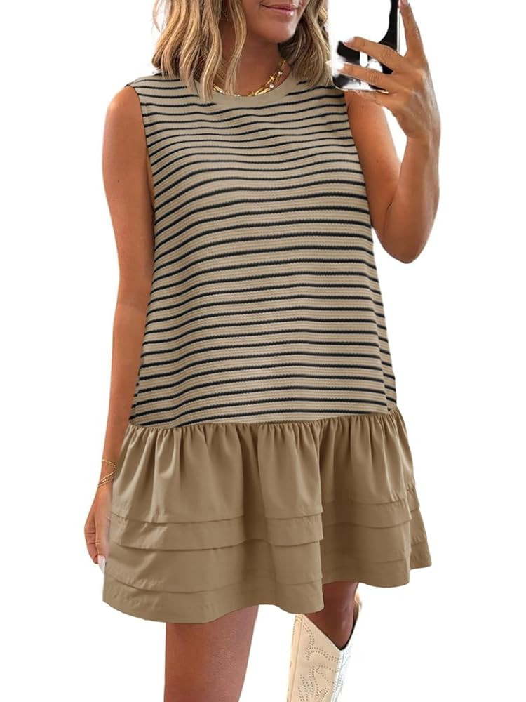 Wenrine Womens Striped Sweatshirt Dress Casual Sleeveless Crewneck Constrast Patchwork Loose Tank... | Amazon (US)