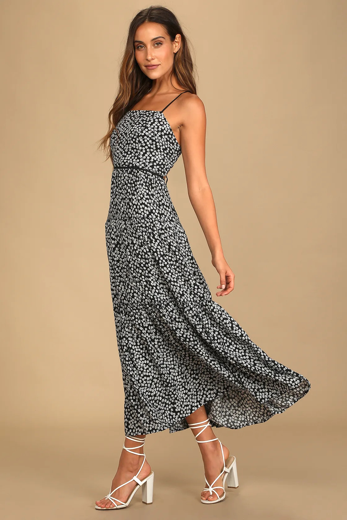 Kind Heart Black Floral Print Tiered Lace-Up Midi Dress | Lulus (US)