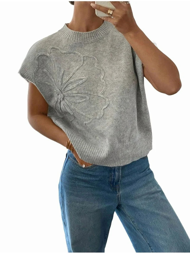 Women'S Ribbed Sweater Crew Neck Short Sleeve Loose Fit Floral Knit Pullover Tops Silver S | Walmart (US)