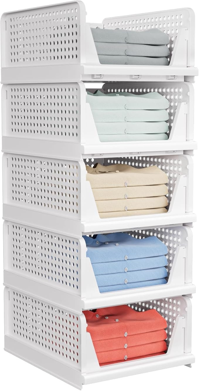 5 Pack Stackable Closet Storage Basket - Stackable Storage Bins, Multifunctional & Foldable Close... | Amazon (US)