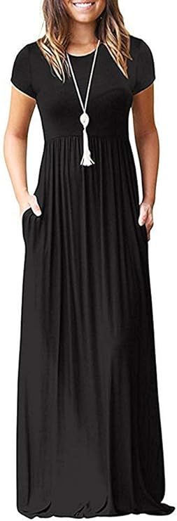 HAOMEILI Women's Short Sleeve Loose Plain Long Maxi Casual Dresses with Pockets | Amazon (US)