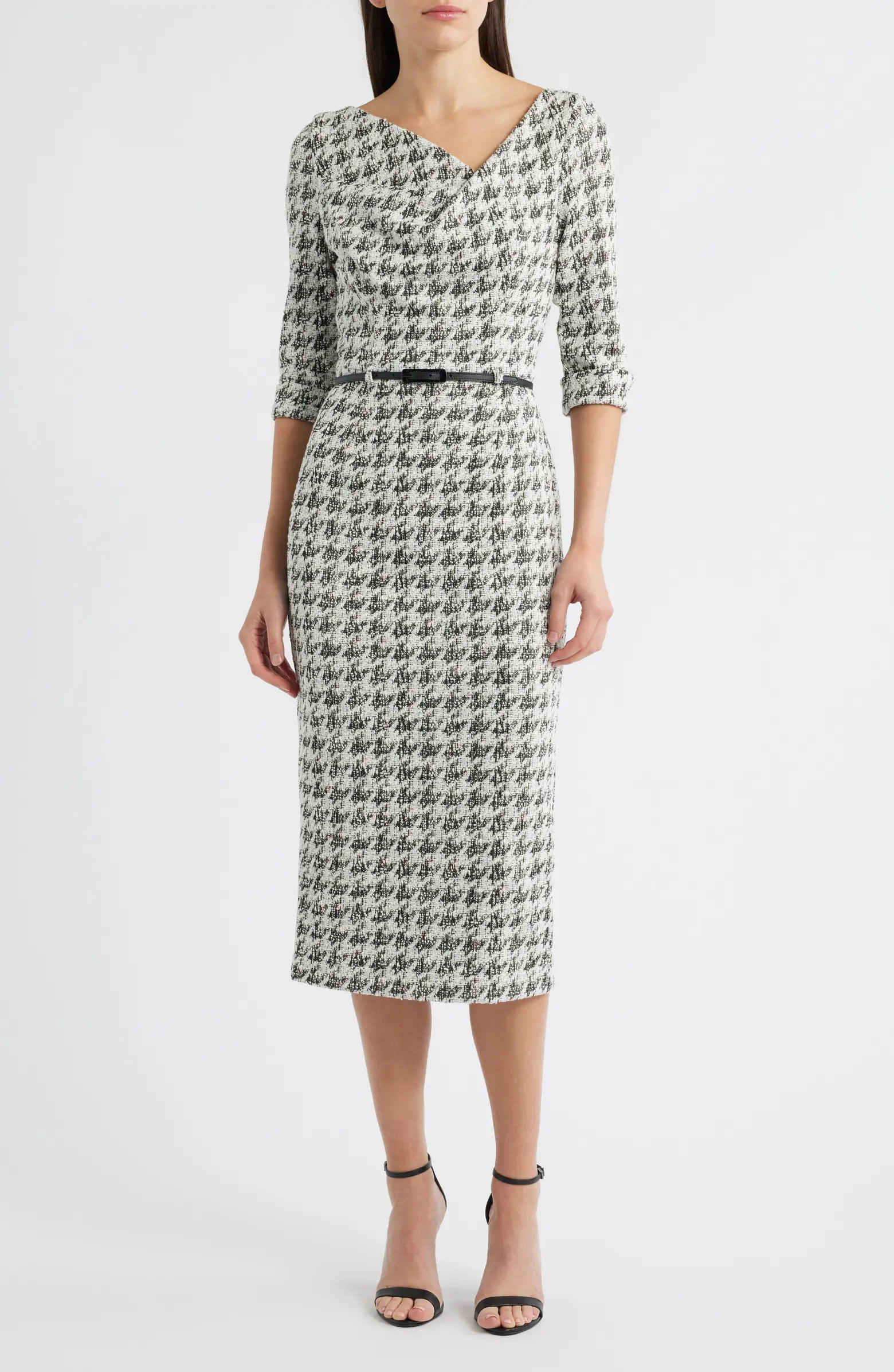 Black Halo Jackie Houndstooth Cowl Neck Tweed Midi Dress | Nordstrom | Nordstrom