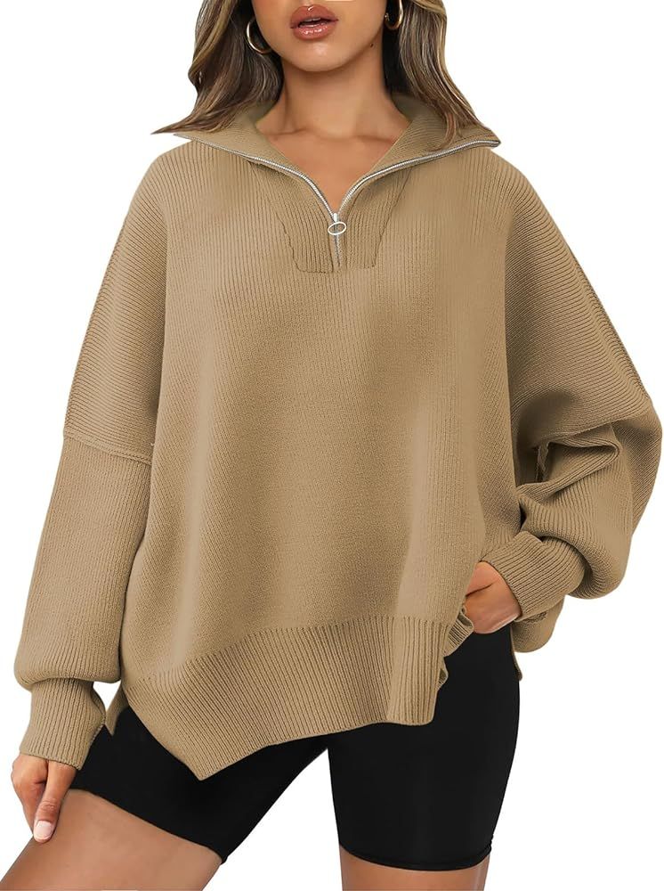 EFAN Women's Oversized Quarter Zip Pullover 2023 Fall Long Sleeve Collar Split Hem Slouchy Sweatshir | Amazon (US)