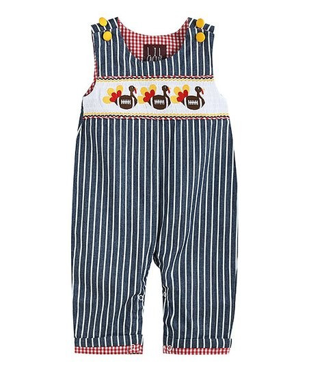 Blue Stripe Turkey Football Smocked Overalls - Infant & Toddler | Zulily